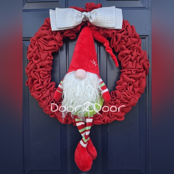 Charming Red Gnome Holiday Wreath with Silver Bow